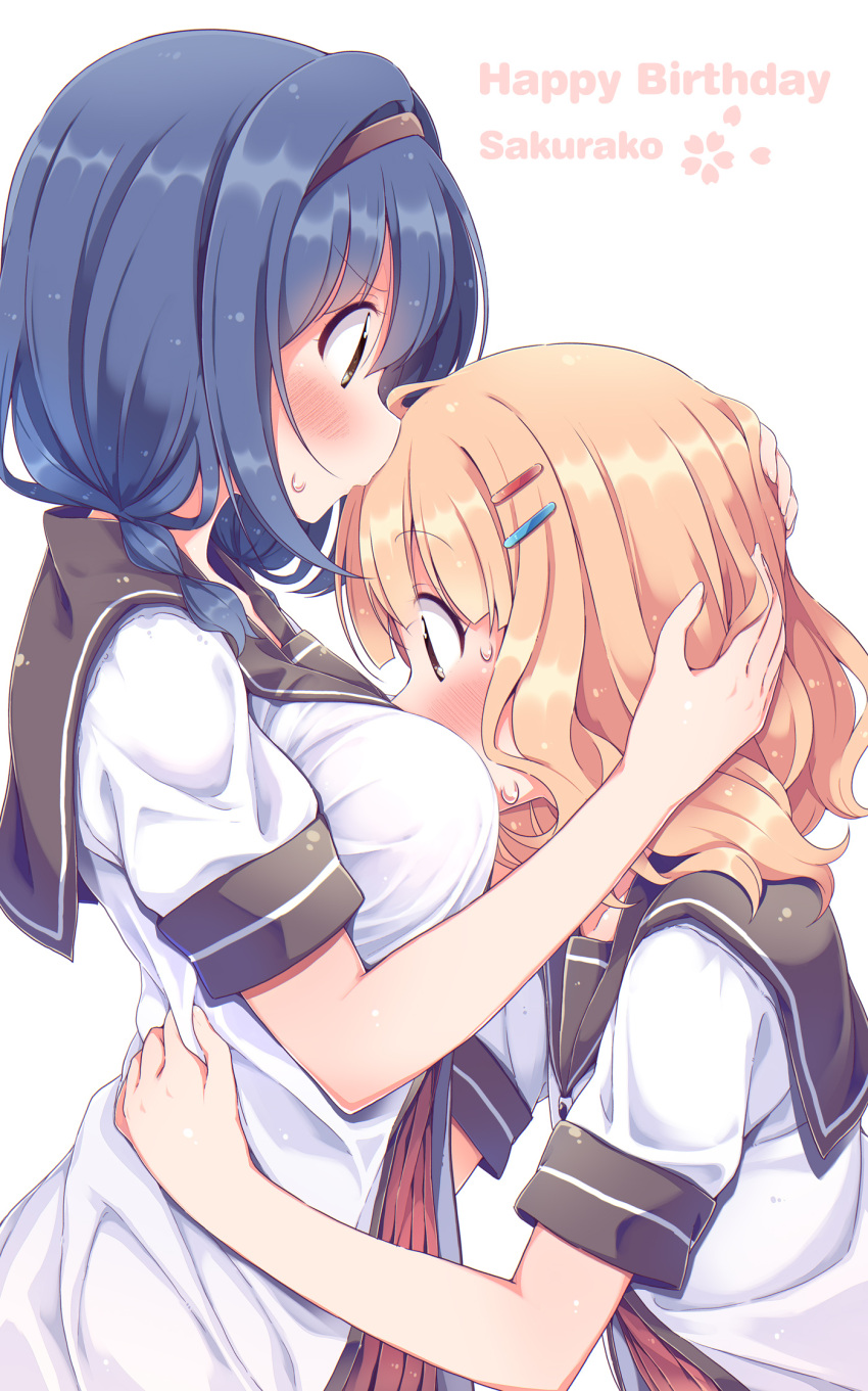 2girls blonde_hair blue_hair blush breasts brown_eyes brown_hairband brown_sailor_collar character_name commentary_request furutani_himawari hair_ornament hairband hairclip happy_birthday height_difference highres hug looking_at_another medium_breasts multiple_girls oomuro_sakurako sailor_collar school_uniform short_hair short_sleeves simple_background sweatdrop takahero white_background yuri yuru_yuri