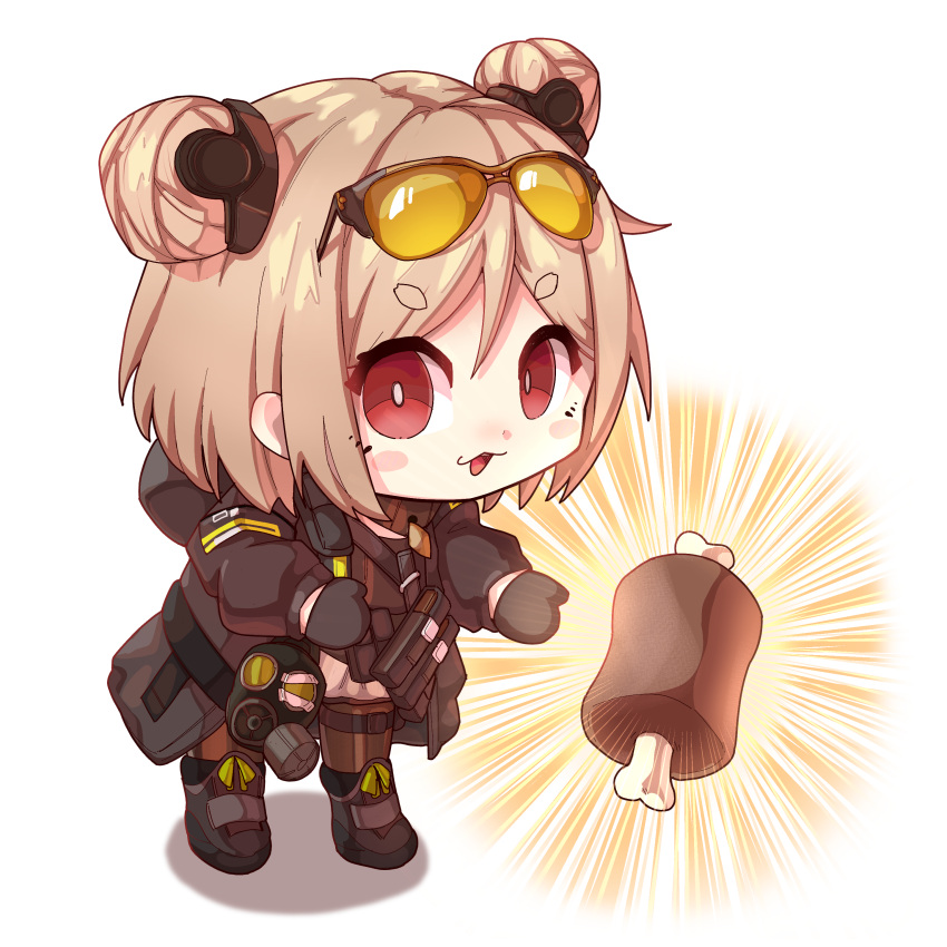 1girl absurdres blush_stickers boned_meat chibi commission crr001 double_bun food girls'_frontline giving highres light_brown_hair meat p90_(girls'_frontline) red_eyes second-party_source short_eyebrows short_hair smile solo thick_eyebrows