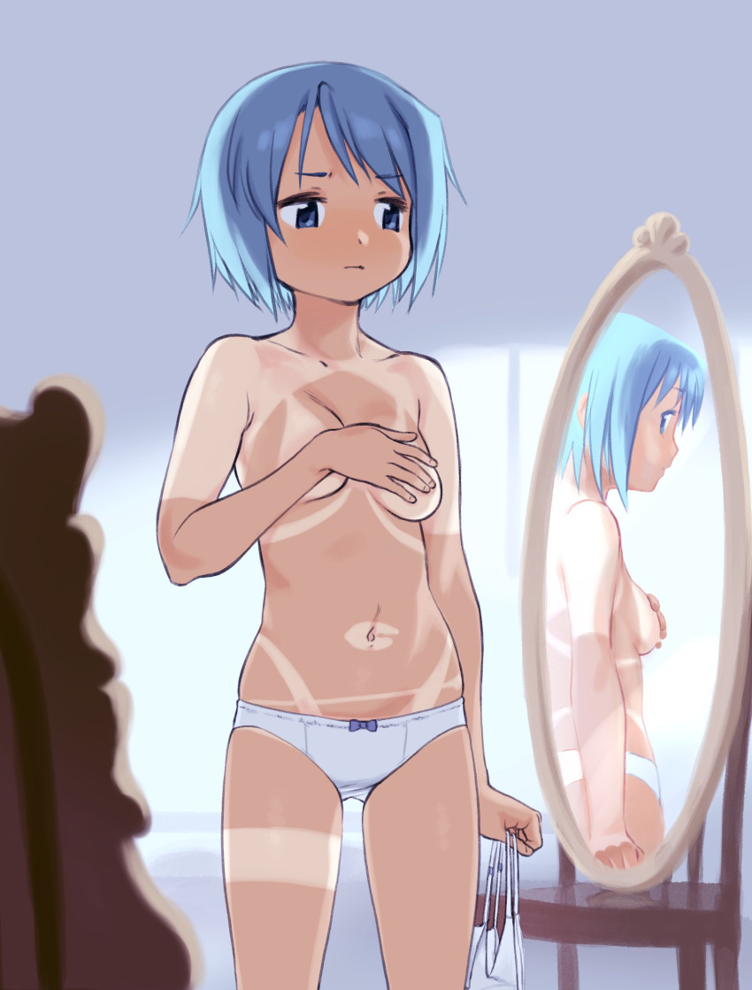 1girl blue_eyes blue_hair bow bow_panties bra breasts covering covering_breasts expressionless frown gloamy highres holding holding_bra holding_clothes holding_underwear mahou_shoujo_madoka_magica medium_breasts miki_sayaka mirror navel panties short_hair sideboob tan tanlines topless underwear underwear_only white_bra white_panties