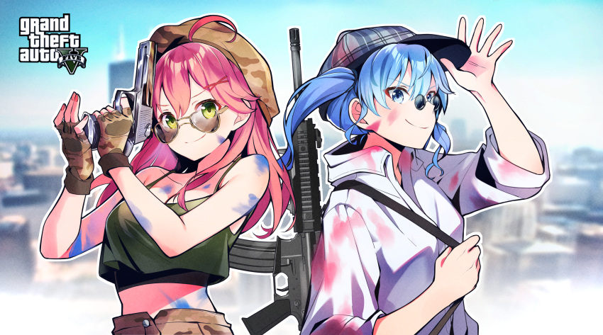 2girls ahoge arm_up assault_rifle bangs baseball_cap beret blue_eyes blue_hair blue_headwear breasts camouflage camouflage_gloves camouflage_headwear closed_mouth commentary_request crop_top eyebrows_visible_through_hair fingerless_gloves gloves grand_theft_auto grand_theft_auto_v green_eyes green_shirt gun hair_between_eyes hair_ornament hand_on_headwear hand_up handgun hands_up hat highres holding holding_gun holding_strap holding_weapon hololive hoshimachi_suisei jacket korean_commentary long_hair long_sleeves looking_at_viewer medium_breasts multiple_girls nail_polish nyshl paint_on_body paint_splatter paint_splatter_on_face red_hair red_nails rifle sakura_miko shirt sling smile sunglasses twintails virtual_youtuber weapon weapon_on_back white_jacket x_hair_ornament