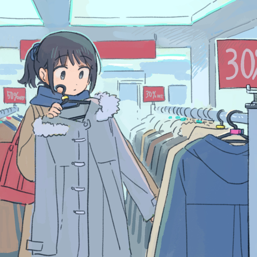 1girl bag black_hair blue_scarf brown_coat closed_mouth clothes_rack coat coat_removed commentary_request eyebrows_visible_through_hair grey_coat grey_eyes handbag highres indoors long_sleeves muji_(uimss) original ponytail sale scarf shop shopping solo
