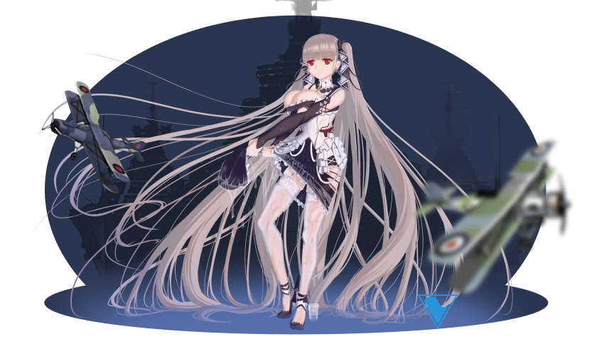 1girl absurdly_long_hair absurdres aircraft airplane azur_lane biplane black_dress black_footwear breasts cleavage dress formidable_(azur_lane) frilled_dress frills gothic_lolita high_heels highres large_breasts lolita_fashion long_hair military military_vehicle neckwear_between_breasts platinum_blonde_hair red_eyes ribbon ship simple_background solo standing thighhighs thighs torn_clothes torn_dress torn_legwear transparent_background twintails two-tone_dress two-tone_ribbon very_long_hair warship watercraft white_legwear xi_cao