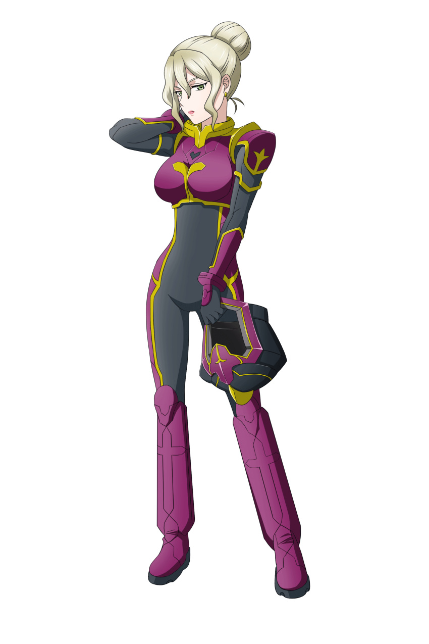 1girl absurdres armor bangs blonde_hair breastplate breasts buddy_complex buddy_complex:_coupling_in_battlefield green_eyes hair_behind_ear hair_bun hand_on_own_neck headwear_removed helmet helmet_removed highres holding holding_helmet margaret_o'keefe medium_breasts official_art pilot_suit sidelocks solo transparent_background