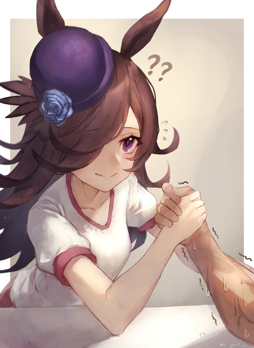 1girl ? ?? absurdres animal_ears arm_wrestling blue_flower blue_rose border brown_hair collarbone commentary_request flower flying_sweatdrops hair_over_one_eye hat highres holding_hands horse_ears long_hair mini_hat out_of_frame outside_border purple_eyes rice_shower_(umamusume) rose shiburingaru shirt short_sleeves smile solo_focus sweat table trembling umamusume white_border white_shirt