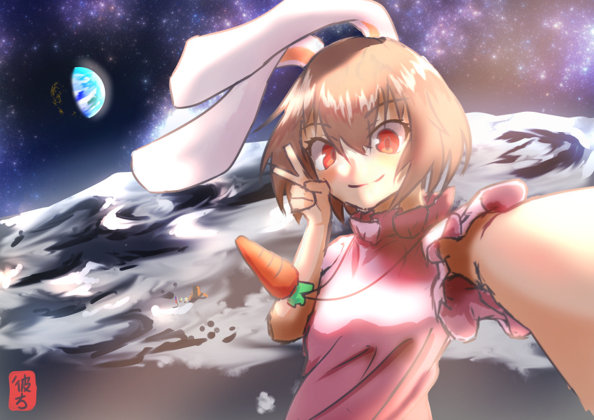 1girl absurdres animal_ears artist_name bangs bob_cut brown_hair carrot_necklace commentary crater dress earth_(planet) flag floppy_ears frilled_dress frilled_sleeves frills hair_between_eyes haruka_kanata_(togassi1) highres inaba_tewi jewelry looking_at_viewer moon pendant pink_dress planet rabbit_ears rabbit_girl reaching_out red_eyes selfie short_hair short_sleeves signature smile solo space space_craft star_(sky) touhou upper_body v