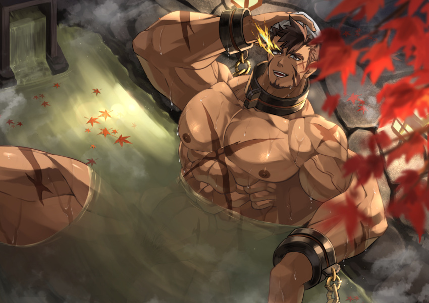 1boy abs bara bellsaltr brown_hair cross_scar cuffs dark-skinned_male dark_skin facial_hair flaming_eye from_above goatee hand_on_own_head handcuffs hercules_(tokyo_houkago_summoners) highres large_pectorals long_sideburns looking_at_viewer male_focus male_pubic_hair mature_male muscular muscular_male navel nipples nude onsen partially_submerged pectorals pubic_hair scar scar_on_arm scar_on_cheek scar_on_chest scar_on_face scar_on_leg short_hair sideburns smile solo spread_legs stomach stubble thick_thighs thighs tokyo_houkago_summoners towel towel_on_head