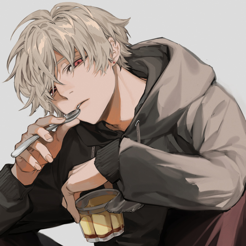 1boy black_shirt earrings food half-closed_eyes highres holding holding_food holding_spoon hood hood_down hooded_shirt jewelry looking_at_viewer male_focus original parted_lips pudding red_eyes shirt short_hair solo spoon uminonew upper_body white_hair