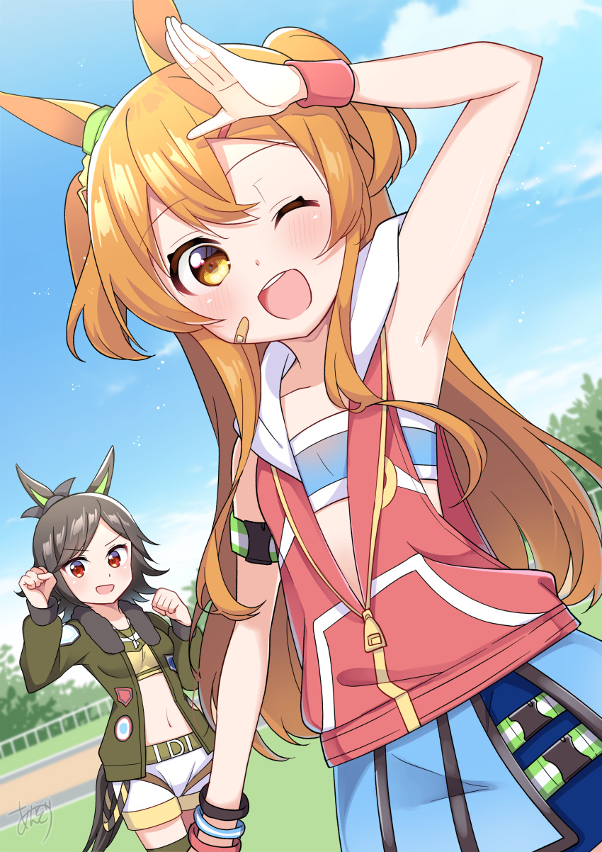 2girls absurdres animal_ears anzou_kunko armpits black_hair breasts collarbone cosplay costume_switch hair_between_eyes highres horse_ears horse_tail jacket long_hair looking_at_viewer mayano_top_gun_(umamusume) multiple_girls navel one_eye_closed orange_hair pose racetrack salute shorts sky small_breasts tail umamusume winning_ticket_(umamusume)