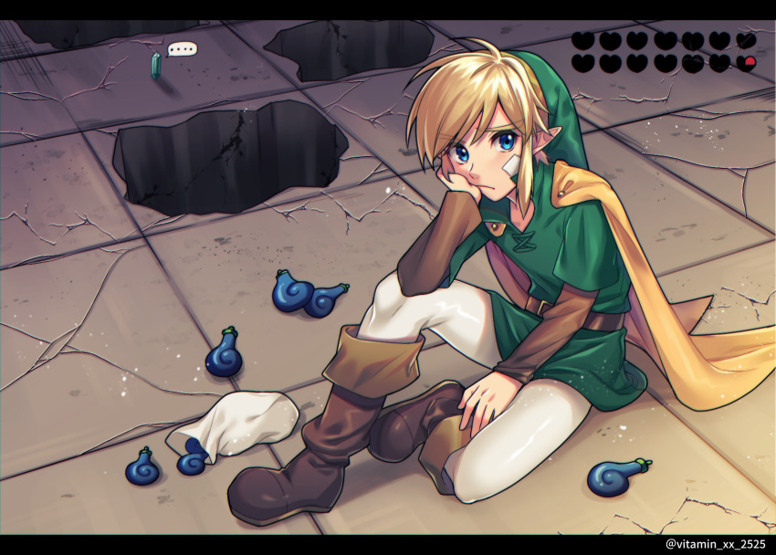 1boy bandages belt blonde_hair blue_eyes boots brown_footwear cape cracked_floor green_headwear heart_container highres hole link looking_at_viewer pointy_ears pouch rupee seed sidelocks sitting solo tatsuuma_daisuke the_legend_of_zelda the_legend_of_zelda:_oracle_of_seasons tunic twitter_username white_legwear yellow_cape