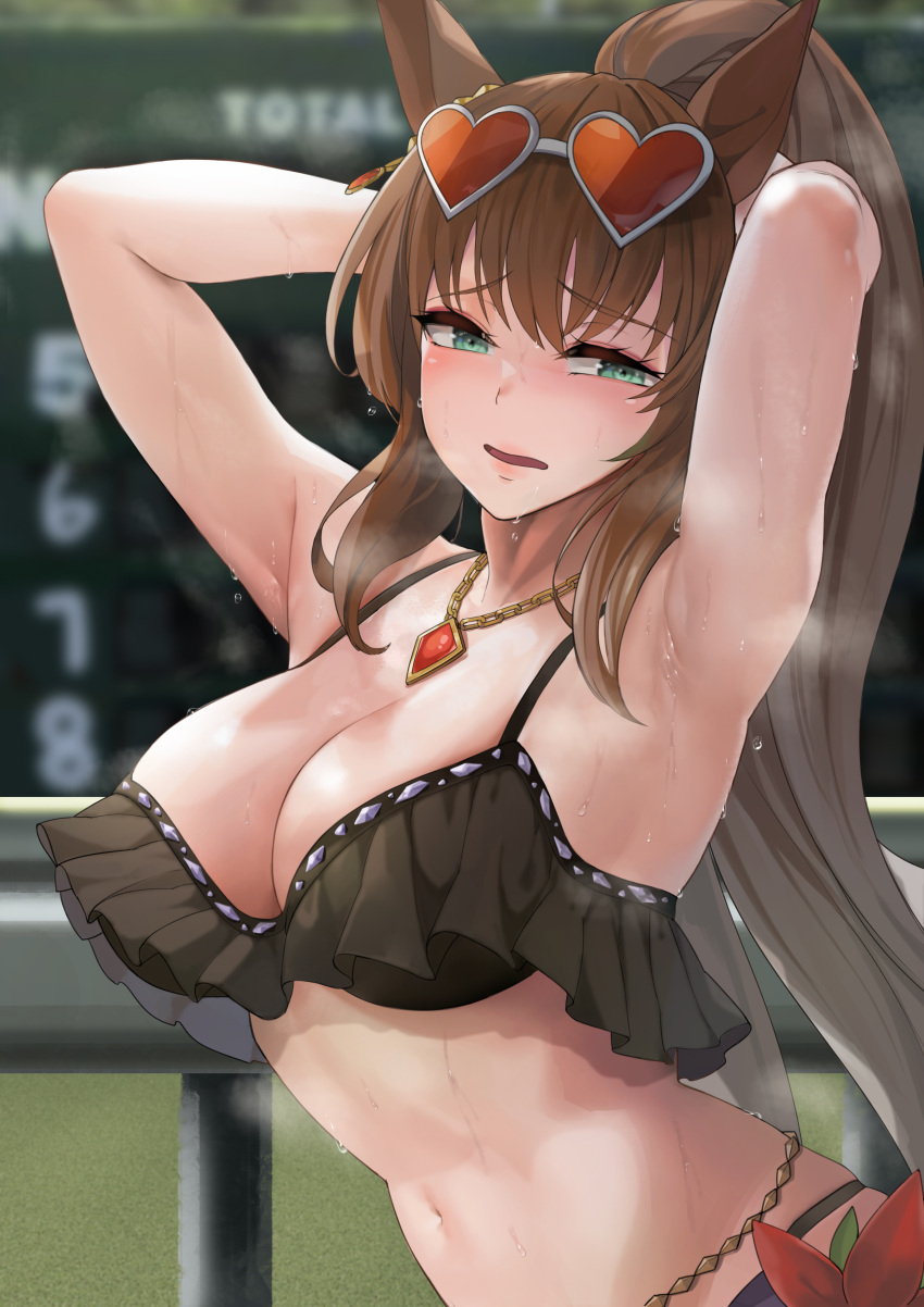 1girl absurdres animal_ears armpits arms_behind_head arms_up bikini bikini_top breasts brown_hair chain cleavage diamond_(gemstone) eyebrows_visible_through_hair eyewear_on_head flower frilled_bikini frills green_eyes hair_between_eyes heart highres horse_ears horse_girl jewelry large_breasts lipstick long_hair looking_to_the_side makeup maruzensky_(umamusume) midriff mute_(mute89539160) navel necklace open_mouth ponytail scoreboard solo steaming_body sweat swimsuit umamusume upper_body