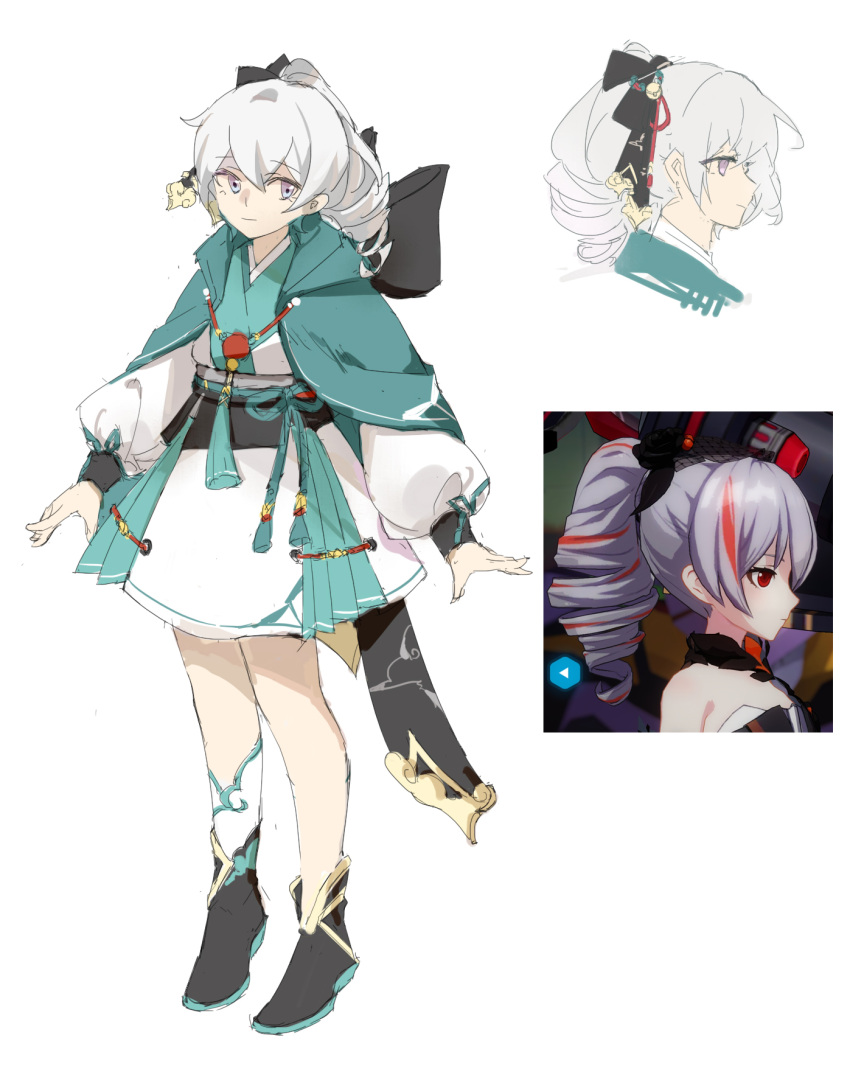 1girl bangs black_footwear bronya_zaychik bronya_zaychik_(black_nucleus) character_profile character_sheet china_dress chinese_clothes chon_(klliaytong) closed_mouth dress drill_hair full_body grey_eyes grey_hair hair_between_eyes hair_ornament highres honkai_(series) honkai_impact_3rd long_hair long_sleeves looking_at_viewer multicolored_hair red_eyes single_sock smile socks solo streaked_hair white_legwear