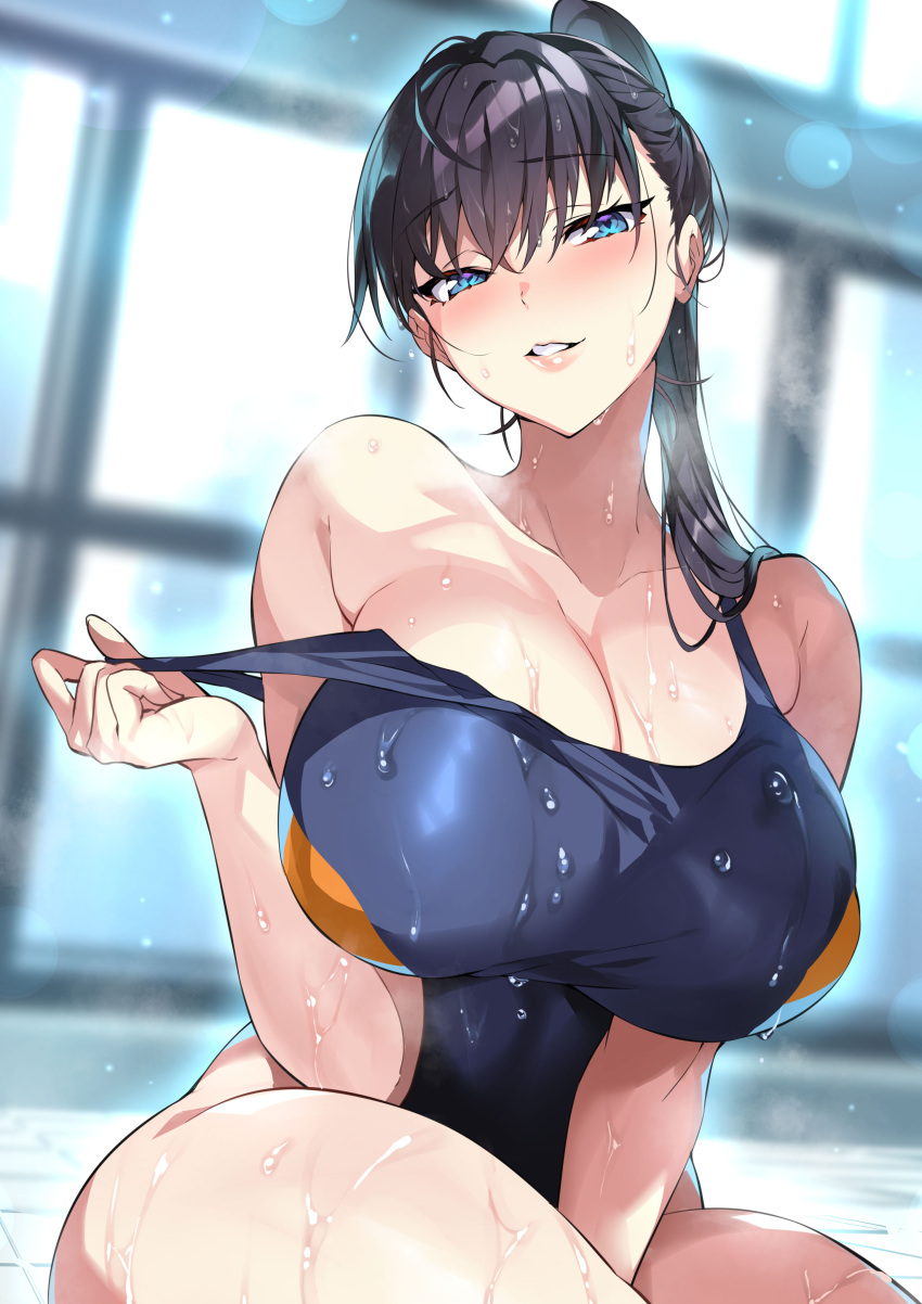 1girl absurdres arm_between_legs bangs black_hair black_legwear blue_eyes breasts cleavage clothes_pull collarbone commentary_request crossed_bangs eyebrows_visible_through_hair hair_over_shoulder highres indoors large_breasts lips long_hair looking_at_viewer one-piece_swimsuit parted_lips ponytail rei_no_pool second-party_source senri_gan shuumatsu_no_harem sitting solo swimsuit swimsuit_pull toudou_akira_(shuumatsu_no_harem) wet wet_hair window