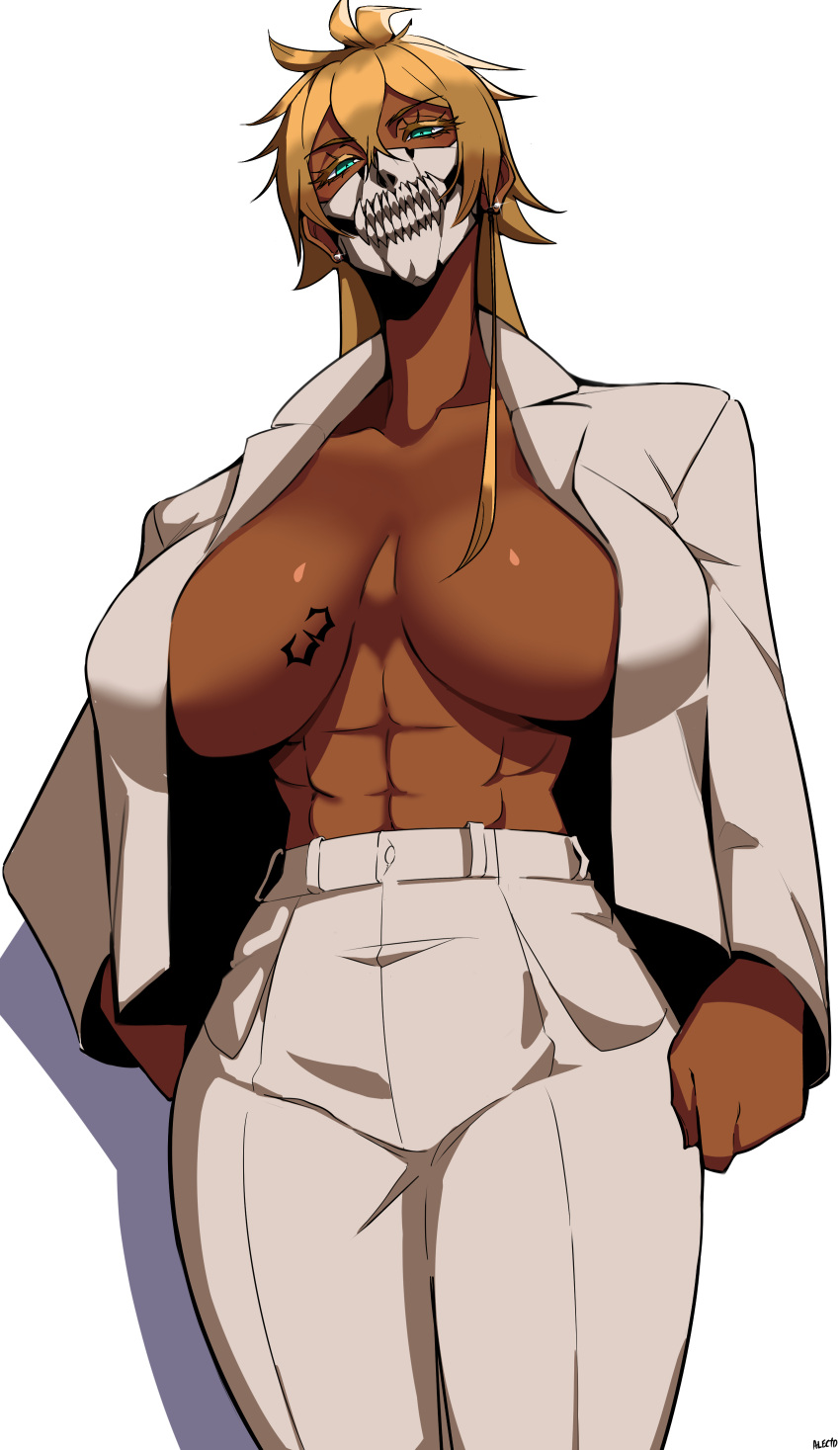 abs absurdres alecto_0 alternate_costume aqua_eyes arrancar bleach blonde_hair breasts cowboy_shot dark-skinned_female dark_skin earrings eyebrows eyebrows_visible_through_hair hand_on_hip highres huge_breasts jacket jewelry long_hair number_tattoo open_clothes open_jacket pants stud_earrings tattoo tier_harribel white_background white_jacket white_pants