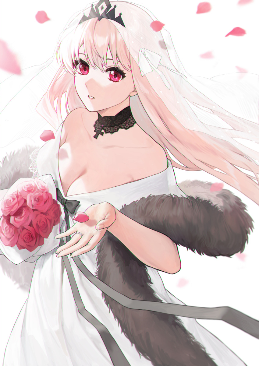 1girl absurdres bare_shoulders blonde_hair bouquet breasts bridal_veil bride cleavage closed_mouth collarbone cross cross_necklace dress eyebrows_visible_through_hair flower from_above fur_collar girls'_frontline highres holding holding_bouquet holding_flower jewelry kar98k_(girls'_frontline) kir_(khw66136132) long_hair looking_at_viewer medium_breasts necklace petals purple_eyes ring solo veil wedding wedding_band wedding_dress wedding_ring white_background white_dress