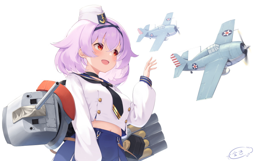 1girl aircraft airplane aylwin_(azur_lane) azur_lane bangs breasts commentary english_commentary eyebrows_visible_through_hair hair_between_eyes hat highres kin'iro_dojo long_sleeves open_mouth pink_hair red_eyes rigging sailor_collar sailor_hat shirt signature skirt smile solo striped_wrist_cuffs tilted_headwear