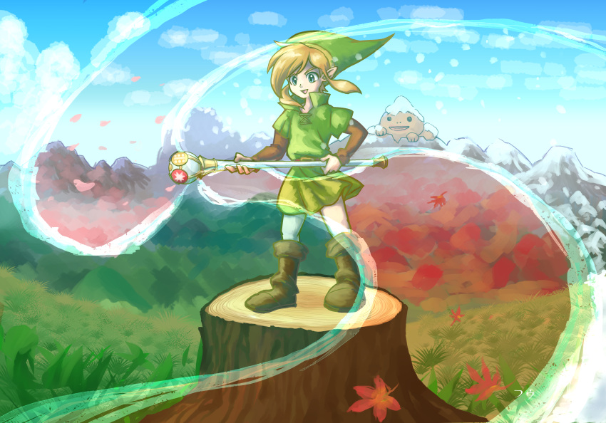 1boy absurdres autumn autumn_leaves blonde_hair boots cloud day fuu_(feubleu9) goron grass green_headwear highres holding holding_staff link long_sleeves male_focus mountain outdoors petals pointy_ears rod_of_seasons sidelocks snow solo spring_(season) staff standing summer the_legend_of_zelda the_legend_of_zelda:_oracle_of_seasons tree_stump tunic wind winter