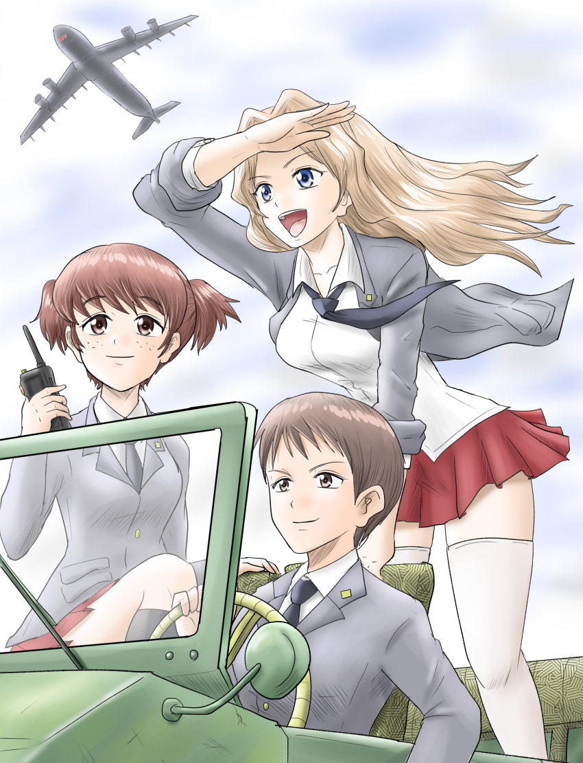 3girls :d aircraft airplane alisa_(girls_und_panzer) arm_support bangs black_legwear black_neckwear blazer blonde_hair blouse blue_eyes blue_sky brown_eyes brown_hair c-5m_super_galaxy closed_mouth cloud cloudy_sky collared_blouse commentary day dress_shirt driving freckles girls_und_panzer grey_jacket ground_vehicle hair_intakes hair_ornament harukai-i highres holding jacket jeep kay_(girls_und_panzer) leaning_forward long_hair long_sleeves military military_vehicle miniskirt motor_vehicle multiple_girls naomi_(girls_und_panzer) necktie open_clothes open_jacket open_mouth outdoors pleated_skirt radio_antenna red_skirt saunders_school_uniform school_uniform shading_eyes shirt short_hair short_twintails sitting skirt sky sleeves_rolled_up smile socks standing star_(symbol) star_hair_ornament thighhighs twintails very_short_hair white_blouse white_legwear white_shirt wind wing_collar