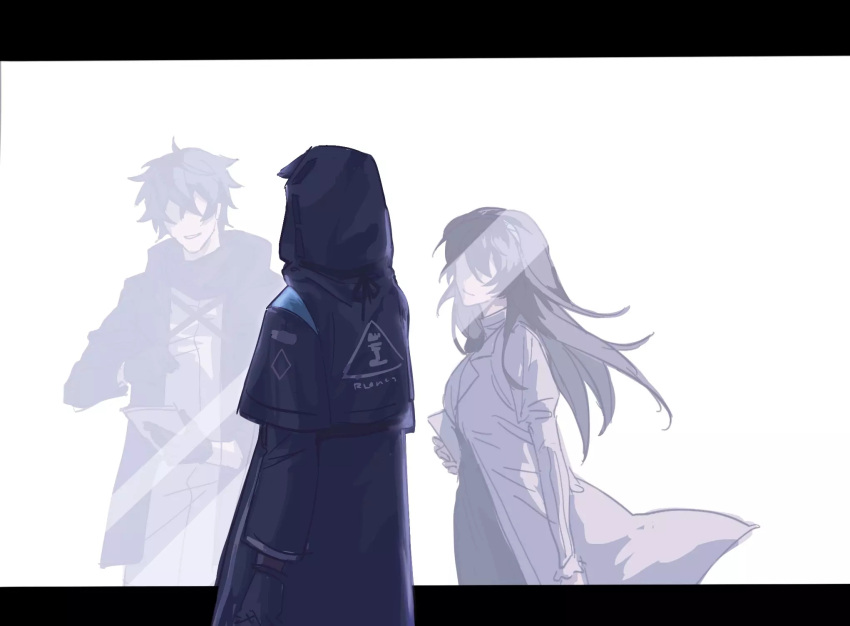 1boy 1girl arknights back black_gloves black_hair black_jacket brown_hair doctor_(arknights) gloves highres hkeno hood hooded_jacket jacket labcoat long_hair male_doctor_(arknights) priestess_(arknights) reflection rhodes_island_logo short_hair upper_body