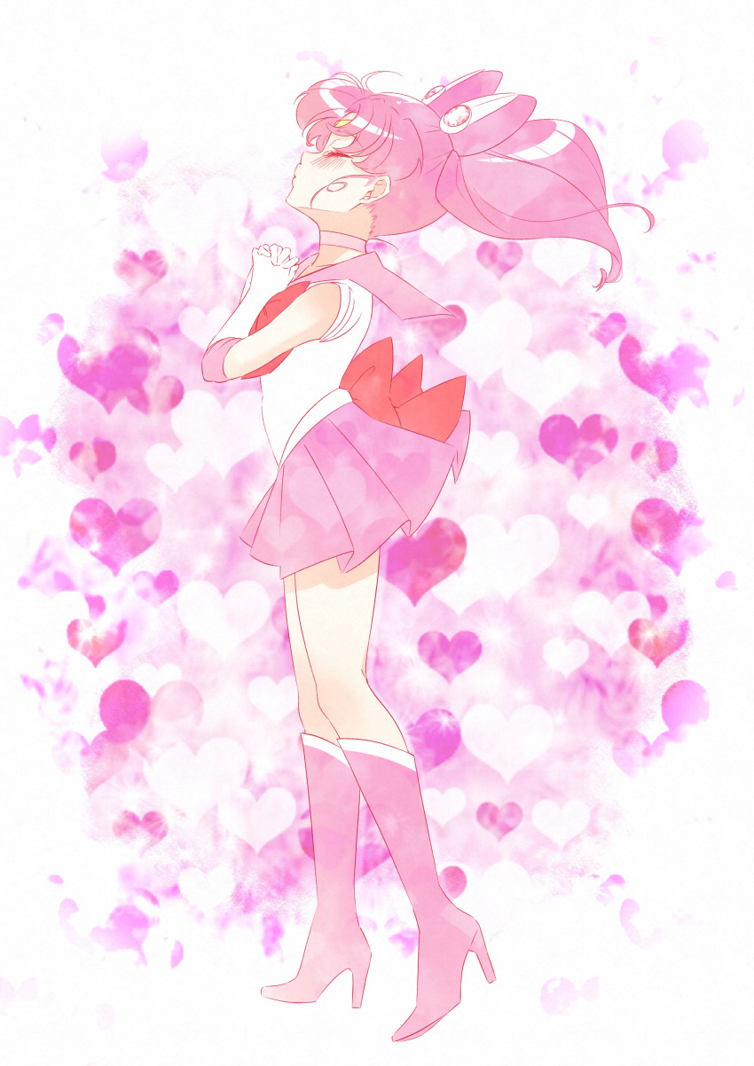 1girl absurdres anxflower back_bow bishoujo_senshi_sailor_moon blush boots bow bowtie choker closed_eyes closed_mouth collared_shirt elbow_gloves floating_hair from_side full_body gloves hands_clasped heart high_heel_boots high_heels highres knee_boots long_hair miniskirt own_hands_together pink_footwear pink_hair pink_sailor_collar pink_skirt pleated_skirt profile red_bow red_neckwear sailor_chibi_moon sailor_collar sailor_collar_lift sailor_senshi_uniform sailor_shirt shiny shiny_hair shirt skirt sleeveless sleeveless_shirt solo twintails white_choker white_gloves white_shirt