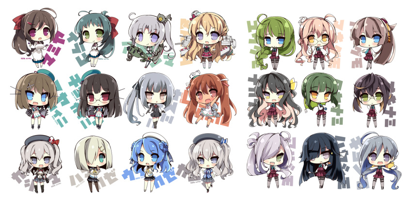 6+girls akikaze_tsumuji akitsushima_(kancolle) antenna_hair asakaze_(kancolle) bangs beret black_dress black_hair black_legwear blonde_hair blue_hair blush braid breasts brown_hair chibi choukai_(kancolle) double_bun dress eyebrows_visible_through_hair french_braid glasses green_hair grey_hair grey_legwear hair_ornament hair_over_one_eye hair_ribbon hamakaze_(kancolle) hat hayashimo_(kancolle) highres holding irako_(kancolle) kantai_collection kappougi kashima_(kancolle) kasumi_(kancolle) kazagumo_(kancolle) kiyoshimo_(kancolle) kneehighs libeccio_(kancolle) long_hair makigumo_(kancolle) mamiya_(kancolle) maya_(kancolle) mini_hat multicolored_hair multiple_girls multiple_views naganami_(kancolle) nishikitaitei-chan okinami_(kancolle) open_mouth pantyhose pinafore_dress pink_hair pleated_skirt ponytail remodel_(kantai_collection) ribbon rigging sailor_collar sailor_dress school_uniform serafuku sharp_teeth short_hair side_ponytail silver_hair simple_background skirt takanami_(kancolle) teeth twintails two-tone_hair urakaze_(kancolle) white_background x_hair_ornament yuugumo_(kancolle) zara_(kancolle)