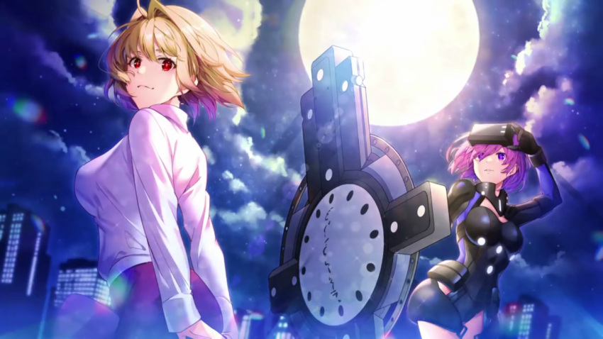 2girls ahoge arcueid_brunestud armor armored_dress bangs blonde_hair building cloud dress fate/grand_order fate_(series) goggles goggles_on_head holding holding_shield holding_weapon looking_at_viewer looking_back mash_kyrielight moon multiple_girls night night_sky nonomaro purple_eyes purple_hair red_eyes shield shirt short_hair sky smile standing tsukihime weapon