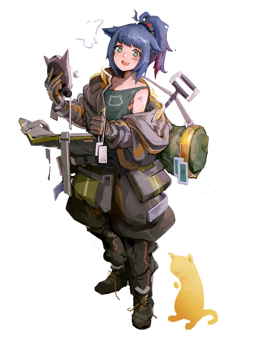 1girl :d animal animal_ears arknights armor bag black_footwear black_pants blue_hair boots cat cat_ears chinese_commentary commentary_request dirty dirty_face english_commentary eyebrows_visible_through_hair gas_mask green_eyes green_tank_top highres jacket jessica_(arknights) jessica_(iron_block)_(arknights) jumbowhopper korean_commentary long_hair looking_at_viewer mask mask_removed mixed-language_commentary open_clothes open_jacket open_mouth pants ponytail shoulder_bag sidelocks simple_background smile solo tank_top teeth untied_footwear white_background