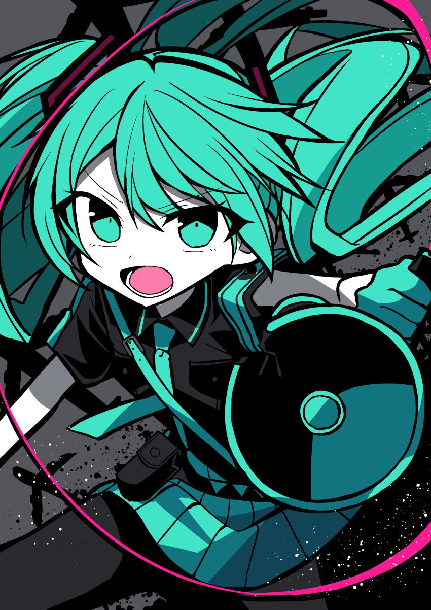 1girl absurdres aircraft airplane aqua_eyes aqua_gloves aqua_hair aqua_neckwear aqua_skirt armband black_legwear black_shirt cable colored_skin commentary gloves grey_background hair_ornament hatsune_miku highres holding holding_megaphone kasaki_sakura koi_wa_sensou_(vocaloid) long_hair looking_at_viewer megaphone military military_uniform miniskirt necktie open_mouth pleated_skirt shirt short_sleeves silhouette skirt solo twintails uniform v-shaped_eyebrows very_long_hair vocaloid white_skin