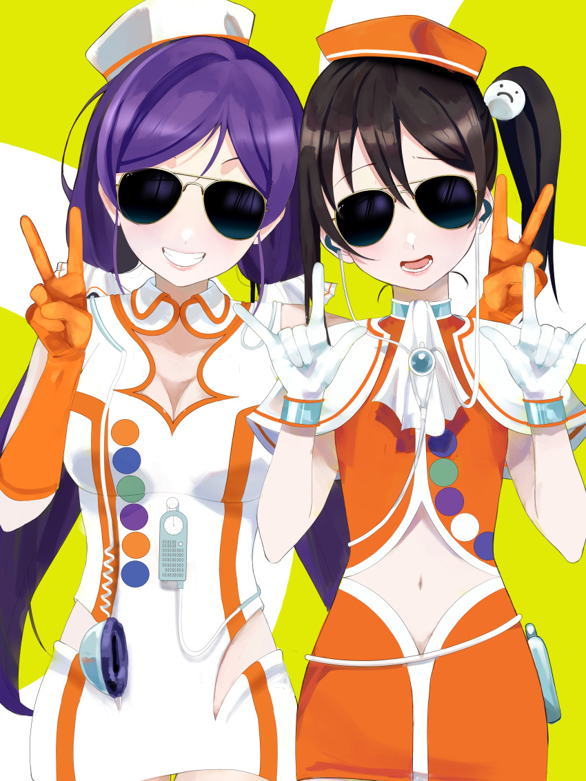 2girls absurdres arm_around_shoulder aviator_sunglasses blush breasts brown_hair cleavage clothing_cutout earbuds earphones gloves highres hip_vent huge_filesize large_breasts long_hair looking_at_viewer love_live! multiple_girls navel_cutout nico_nico_nii proton06 purple_hair side_ponytail smile sunglasses toujou_nozomi twintails white_gloves yazawa_nico yellow_background