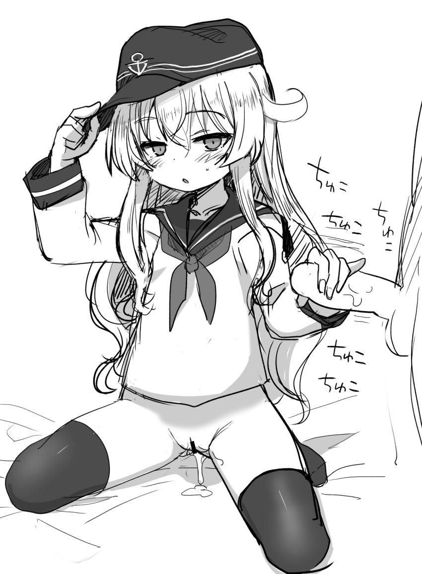 1boy 1girl after_sex bottomless cum cum_in_pussy cumdrip greyscale handjob hat hibiki_(kancolle) highres kantai_collection long_hair monochrome okayu_(deleted) penis school_uniform serafuku thighhighs