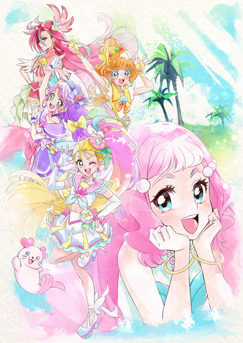 5girls :d ;d absurdres anxflower arm_up bangs blonde_hair blue_eyes blue_hair bow bracelet brown_hair choker closed_mouth clothing_cutout crop_top cure_coral cure_flamingo cure_papaya cure_summer dress earrings elbow_gloves fingerless_gloves floating_hair full_body gloves gradient_hair hair_between_eyes hair_bow head_rest heart_cutout high_ponytail highres huge_filesize jewelry laura_(precure) long_hair looking_at_viewer midriff miniskirt multicolored_hair multiple_girls navel one_eye_closed open_mouth palm_tree pink_hair pink_sailor_collar pleated_skirt precure purple_bow purple_choker purple_dress purple_eyes purple_hair purple_sailor_collar red_hair sailor_collar sailor_dress side_ponytail skirt smile standing standing_on_one_leg stomach tied_hair tree tropical-rouge!_precure turtleneck twintails very_long_hair white_choker white_footwear white_gloves white_skirt yellow_bow yellow_choker yellow_gloves yellow_sailor_collar