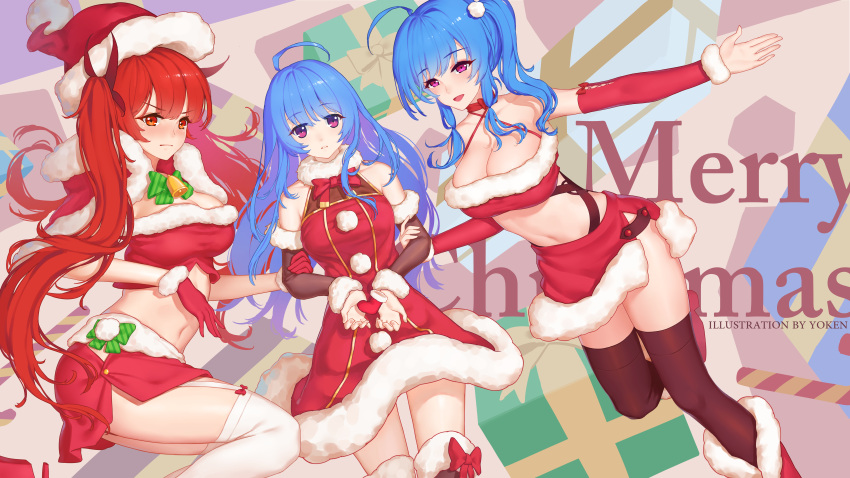 3girls absurdres ahoge arm_warmers azur_lane bandeau bare_shoulders black_legwear blue_hair boots breasts capelet choker christmas cleavage criss-cross_halter crop_top detached_sleeves dress frown fur_trim garter_straps gloves gold_trim halter_top halterneck hat helena_(azur_lane) highres honolulu_(azur_lane) large_breasts long_hair long_sleeves looking_at_viewer merry_christmas midriff miniskirt multiple_girls navel omae_yoken open_mouth outstretched_arm pink_eyes ponytail purple_eyes red_choker red_dress red_eyes red_gloves red_hair red_headwear red_shirt red_skirt revealing_clothes ribbon_choker santa_hat shirt side_slit skirt smile st._louis_(azur_lane) stomach thighhighs twintails v-shaped_eyebrows very_long_hair white_legwear zettai_ryouiki