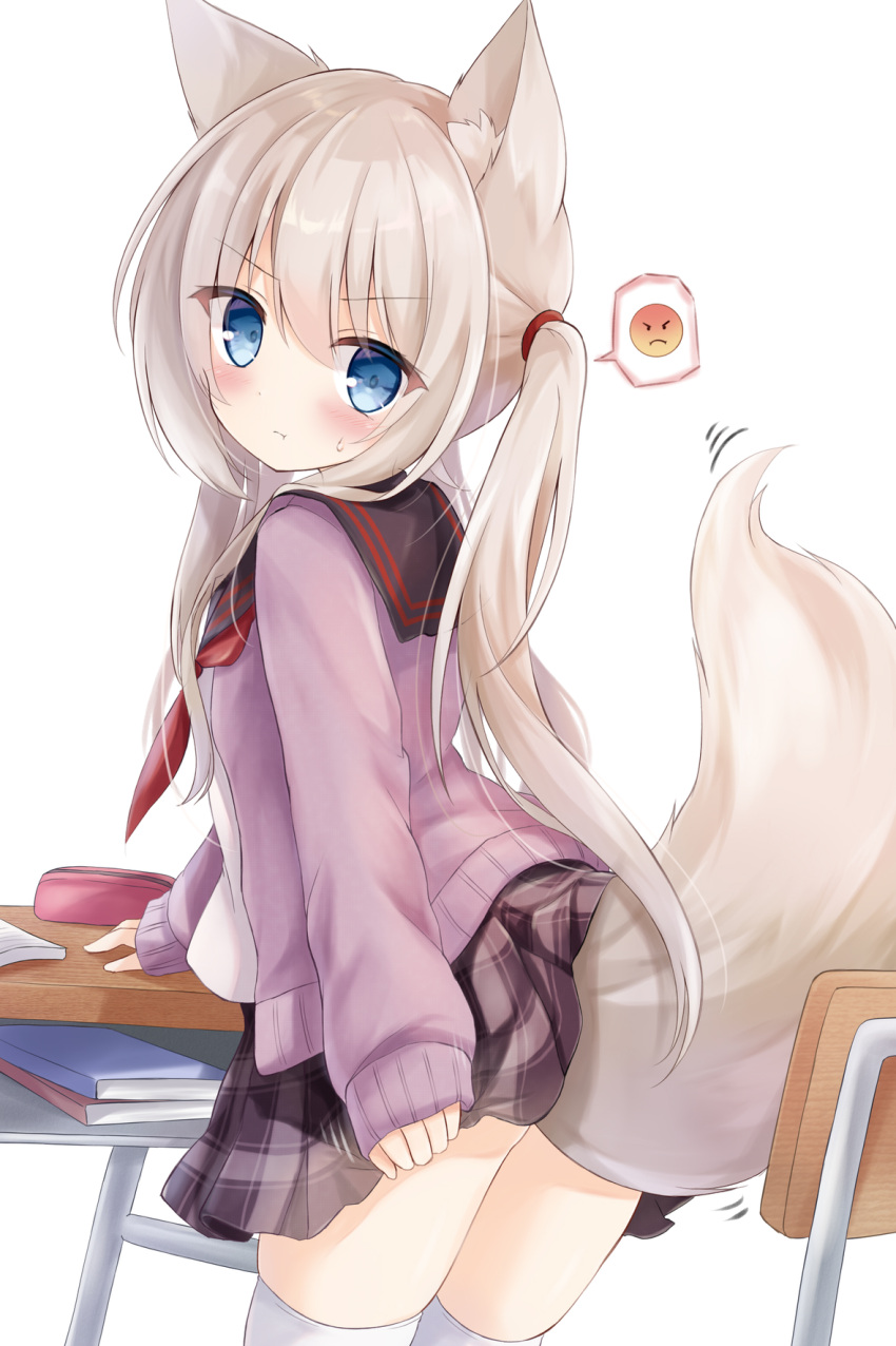 1girl :t animal_ear_fluff animal_ears bangs black_sailor_collar blue_eyes blush brown_hair brown_skirt cardigan chair closed_mouth commentary_request desk eyebrows_visible_through_hair fox_ears fox_girl fox_tail from_behind hair_between_eyes highres kata_rosu long_hair long_sleeves looking_at_viewer looking_back motion_lines open_cardigan open_clothes original pencil_case plaid plaid_skirt pleated_skirt pout purple_cardigan red_neckwear sailor_collar school_chair school_desk school_uniform serafuku shirt simple_background skirt sleeves_past_wrists solo spoken_expression standing tail thighhighs twintails v-shaped_eyebrows very_long_hair white_background white_legwear white_shirt