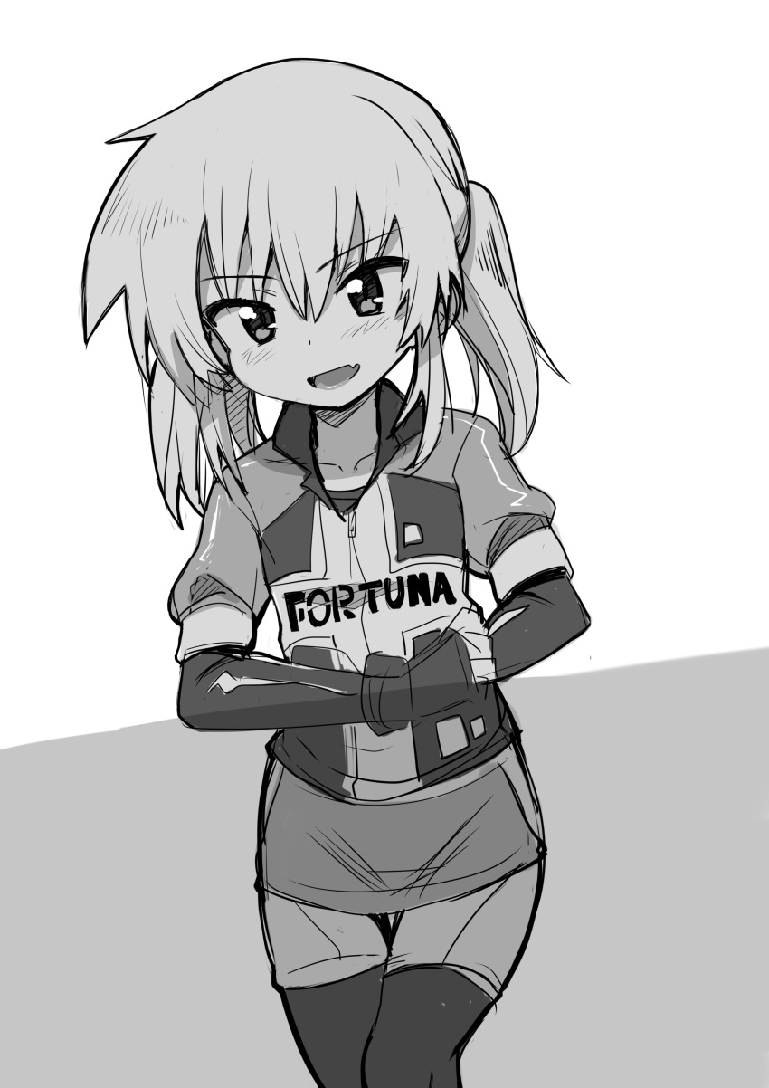 1girl absurdres character_request copyright_request crossed_arms fang greyscale highres monochrome okayu_(deleted) simple_background skin_fang solo twintails