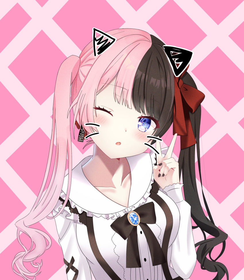 1girl animal_ears bangs black_bow black_hair black_nails black_neckwear black_ribbon blue_eyes blunt_bangs bow breasts brooch collarbone collared_shirt drawn_ears drawn_whiskers earrings eyebrows_visible_through_hair face_filter frills hair_ribbon high-waist_skirt highres iris_black_games jewelry long_hair long_sleeves looking_at_viewer medium_breasts multicolored_hair nail_polish one_eye_closed open_mouth pink_background pink_hair red_ribbon ribbon shirt shun_(shu1344) skirt solo suspenders tachibana_hinano_(vtuber) twintails two-tone_hair v virtual_youtuber white_shirt