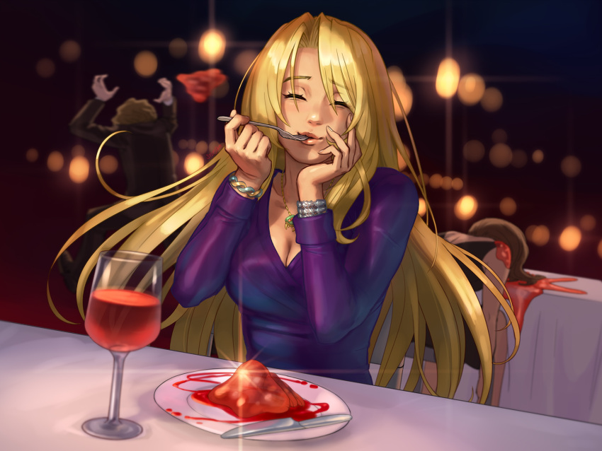 1boy 2girls alcohol blonde_hair blurry bracelet breasts brown_hair chasing cleavage closed_eyes cup death depth_of_field dress drinking_glass eating evening_gown fleeing fork highres jewelry knife long_hair metroid metroid_(creature) metroid_fusion multiple_girls necklace plate purple_dress restaurant samus_aran smile stup-jam table tablecloth wine wine_glass x_parasite