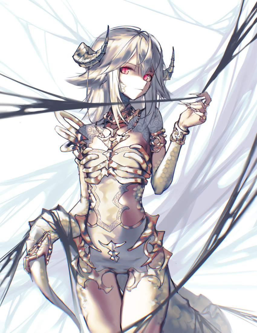 1girl absurdres armlet armor bone bone_bra bracelet fingernails hand_up highres holding_own_tail holding_tail horns jewelry long_fingernails long_hair multiple_rings necklace original pale_skin red_eyes ring scales sharp_fingernails shoulder_armor silver_hair slit_pupils solo tail veilrain