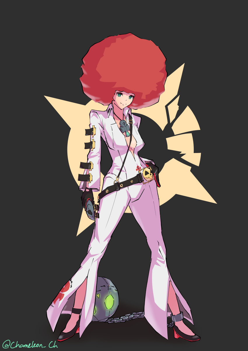 1girl absurdres afro alternate_hairstyle ankh ankh_necklace ball_and_chain_restraint bellbottoms belt bodysuit broken_halo buckle green_eyes guilty_gear guilty_gear_strive halo highres jack-o'_valentine red_hair solo white_bodysuit