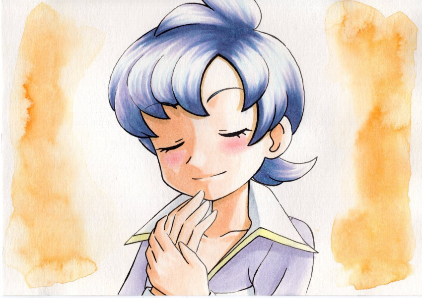 1girl anabel_(pokemon) bangs blush closed_eyes closed_mouth collarbone collared_shirt commentary_request eyelashes hands_up highres long_sleeves oka_mochi orange_background pokemon pokemon_(game) pokemon_emerald pokemon_rse purple_shirt shirt short_hair smile solo traditional_media upper_body