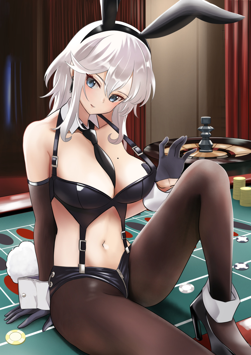 1girl animal_ears azur_lane bare_shoulders between_breasts black_bra black_headband black_legwear black_neckwear blue_eyes bra breasts brown_legwear casino curtains earrings elbow_gloves eyebrows_visible_through_hair fake_animal_ears gloves hair_between_eyes half_gloves head_tilt headband highres jewelry leg_up manjirou_(manji_illust) metal_gloves midriff mole mole_on_breast navel necktie open_mouth pantyhose playboy_bunny rabbit_ears rabbit_tail roulette roulette_table sitting smile solo suspenders tail thighs underwear washington_(azur_lane) white_hair wrist_cuffs zipper