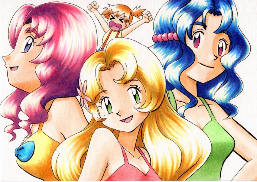 &gt;_&lt; 4girls arms_up bangs bare_arms blonde_hair blue_bow blue_hair bow clenched_hands closed_mouth collarbone commentary_request daisy_(pokemon) eyelashes green_eyes highres lily_(pokemon) long_hair misty_(pokemon) multiple_girls oka_mochi one_side_up open_mouth orange_hair pink_hair pokemon pokemon_(anime) pokemon_(classic_anime) purple_eyes shirt short_hair shorts siblings sisters sleeveless sleeveless_shirt smile suspenders tongue traditional_media violet_(pokemon) white_background yellow_shirt