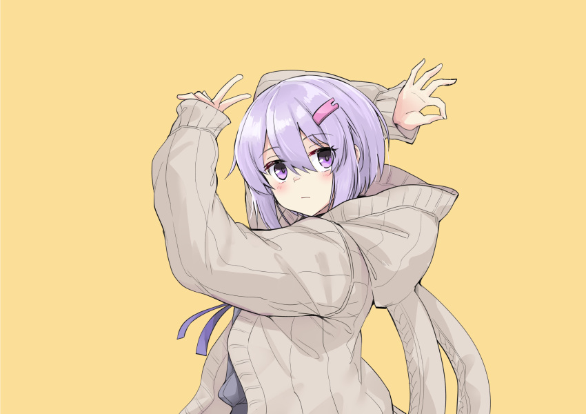 1girl a.i._voice animal_ears animal_hood arms_up blush brown_cardigan bunny_hood cardigan commentary expressionless from_side goodbye_sengen_(vocaloid) grey_shirt hair_ornament hairclip highres hood hooded_cardigan looking_at_viewer looking_to_the_side ok_sign pose purple_eyes purple_hair purple_neckwear rabbit_ears shirt short_hair solo upper_body v vocaloid voiceroid yellow_background yuzuki_yukari yuzuki_yukari_(shizuku) zooanime