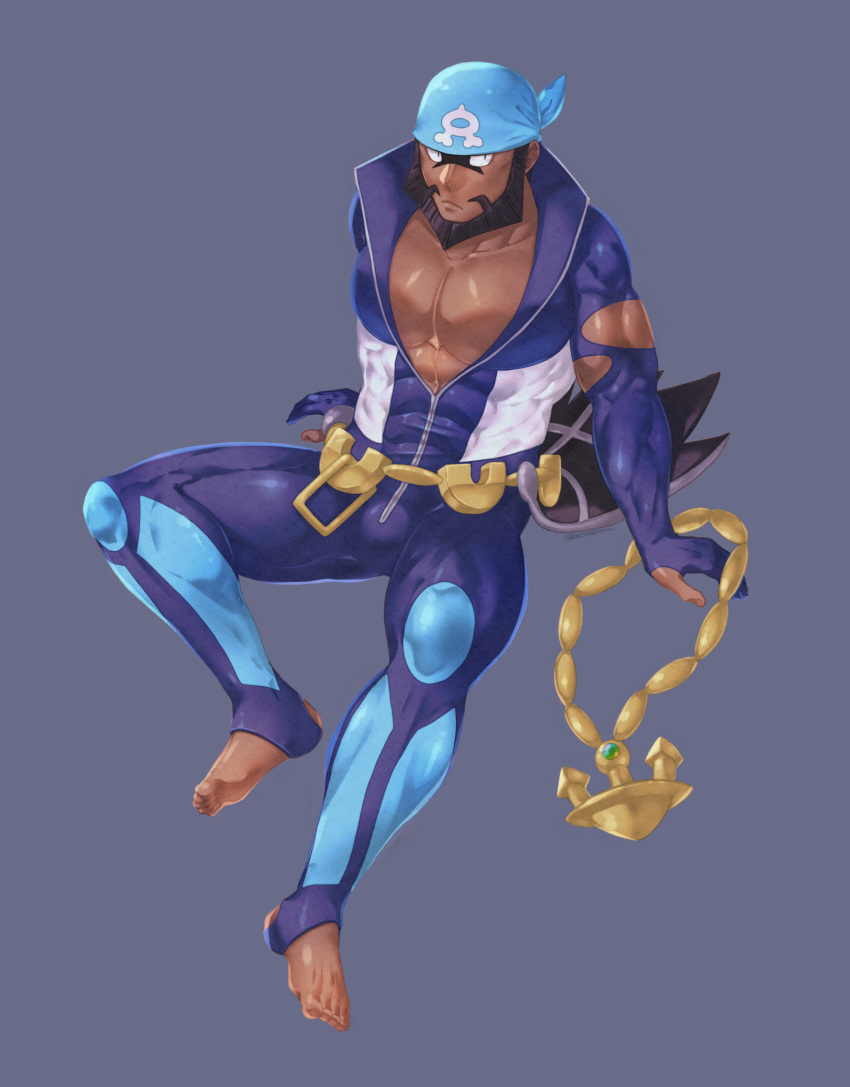 1boy anchor_necklace archie_(pokemon) batabiru beard black_eyes blue_bandana blue_bodysuit bodysuit brown_hair bulge chain_belt chain_necklace closed_mouth commentary_request dark-skinned_male dark_skin facial_hair grey_background highres jewelry jewelry_removed logo male_focus multicolored multicolored_bodysuit multicolored_clothes necklace necklace_removed no_shoes pokemon pokemon_(game) pokemon_oras popped_collar shiny shiny_skin short_hair simple_background sitting solo stirrup_legwear team_aqua toeless_legwear toes torn_bodysuit torn_clothes waist_cape wetsuit white_bodysuit yellow_belt