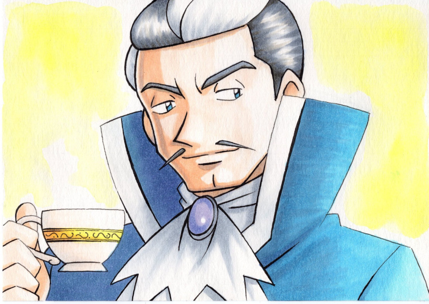 1boy blue_coat blue_eyes closed_mouth coat commentary_request cup facial_hair grey_hair hand_up high_collar highres holding holding_cup jabot juan_(pokemon) looking_to_the_side male_focus mustache oka_mochi pokemon pokemon_(game) pokemon_emerald pokemon_rse short_hair smile solo teacup traditional_media upper_body white_hair white_neckwear