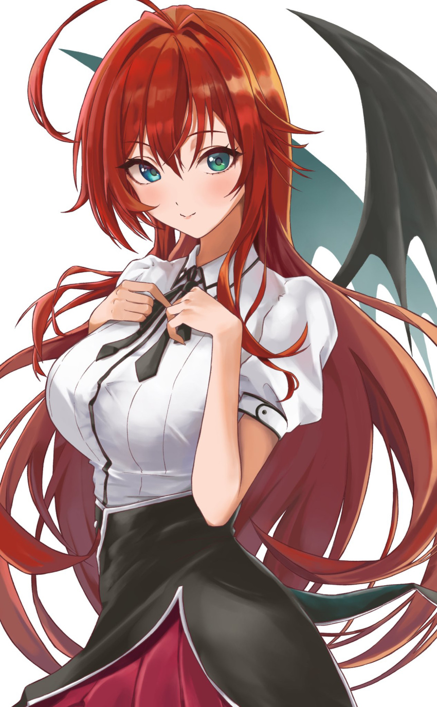 1girl ahoge black_neckwear black_ribbon black_wings blue_eyes blush closed_mouth collared_shirt cowboy_shot demon_girl demon_tail demon_wings green_eyes hair_intakes hands_on_own_chest heterochromia high_school_dxd highres huziko32 layered_skirt long_hair looking_at_viewer neck_ribbon red_hair rias_gremory ribbon school_uniform shirt short_sleeves simple_background skirt smile solo tail very_long_hair white_background white_shirt wings