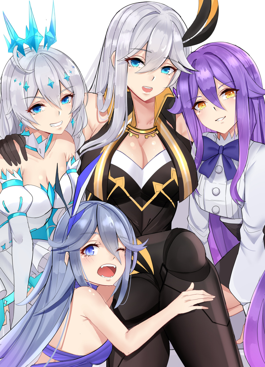 4girls :d absurdres ahoge aqua_eyes armpits bare_shoulders benghuai_xueyuan black_gloves black_skirt blue_eyes bow bowtie breasts cecilia_schariac cleavage clenched_teeth collarbone crossed_legs detached_sleeves diamond_hair_ornament dress earrings eyebrows_visible_through_hair feet_out_of_frame frilled_dress frills gloves gold_trim grey_hair hair_between_eyes hair_ornament hand_on_another's_leg hand_on_another's_shoulder highres honkai_(series) honkai_impact_3rd jewelry kiana_kaslana long_hair long_sleeves lower_teeth mother_and_daughter multicolored multicolored_eyes multiple_girls noise_paper official_alternate_costume one_eye_closed open_mouth orange_eyes purple_bow purple_hair shiny shiny_skin sideboob sidelocks simple_background sirin skirt smile teeth tiara upper_teeth white_background white_dress white_hair yellow_eyes