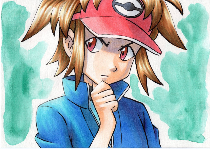 1boy blake_(pokemon) blue_jacket bodysuit brown_hair clenched_hand closed_mouth commentary eyelashes frown green_background hand_up high_collar highres jacket male_focus oka_mochi pokemon pokemon_adventures red_eyes red_headwear short_hair solo traditional_media upper_body v-shaped_eyebrows visor_cap