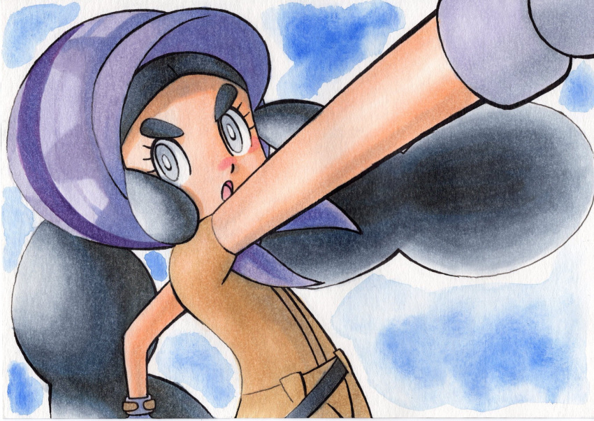 1girl belt black_belt black_hair blush bonnet brown_jumpsuit commentary_request eyelashes gloves grey_eyes grey_gloves hapu_(pokemon) highres jumpsuit long_hair nose_blush oka_mochi open_mouth outstretched_arm pokemon pokemon_(anime) pokemon_sm_(anime) purple_headwear short_sleeves solo thick_eyebrows tongue traditional_media twintails