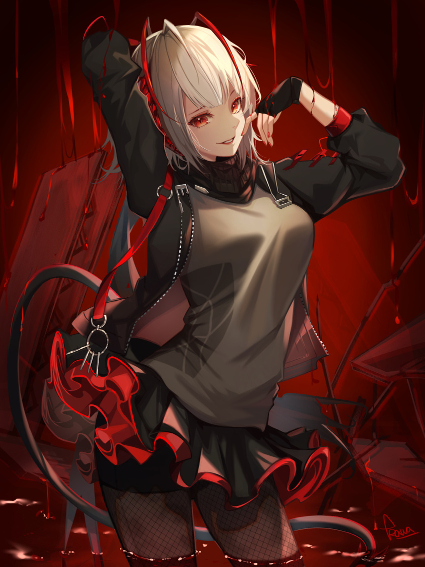 1girl absurdres antenna_hair arknights arm_behind_back arms_up black_gloves black_jacket black_skirt blood breasts brown_legwear contrapposto demon_girl demon_horns demon_tail fingerless_gloves gloves grey_shirt highres horns jacket kawausoman large_breasts lipstick long_sleeves looking_at_viewer makeup miniskirt multicolored_hair open_clothes open_jacket pantyhose parted_lips petticoat red_background red_eyes red_hair red_lips shirt short_hair signature silver_hair skirt solo tail two-tone_hair unzipped w_(arknights) wading