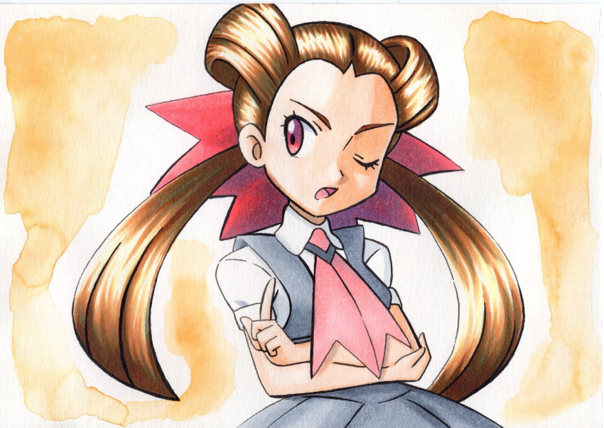 1girl ascot brown_background brown_hair collared_shirt commentary dress eyelashes grey_dress hair_ribbon highres index_finger_raised long_hair looking_to_the_side oka_mochi one_eye_closed open_mouth pink_neckwear pink_ribbon pokemon pokemon_(game) pokemon_oras purple_eyes ribbon roxanne_(pokemon) shiny shiny_hair shirt short_sleeves solo tongue traditional_media upper_body white_shirt