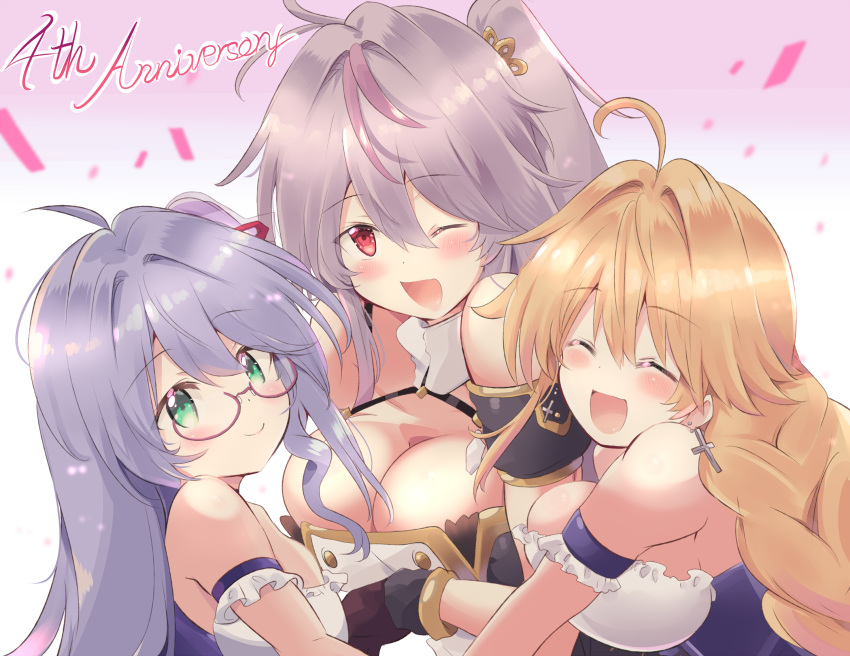 3girls ahoge anniversary azur_lane bare_shoulders blonde_hair blush breasts cleavage commentary_request creator_connection glasses green_eyes grenville_(azur_lane) hair_ornament highres l'opiniatre_(azur_lane) large_breasts le_temeraire_(azur_lane) long_hair looking_at_viewer multicolored_hair multiple_girls one_side_up open_mouth purple_hair red_eyes small_breasts smile tonchinkan very_long_hair